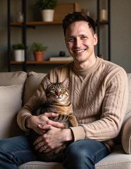 A man smiles, holding a cat on a couch with scattered pillows. A rack of flower pots is visible in the background. A man smiles, holding a cat on a couch with scattered pillows. A rack of flower pots is visible in the background.