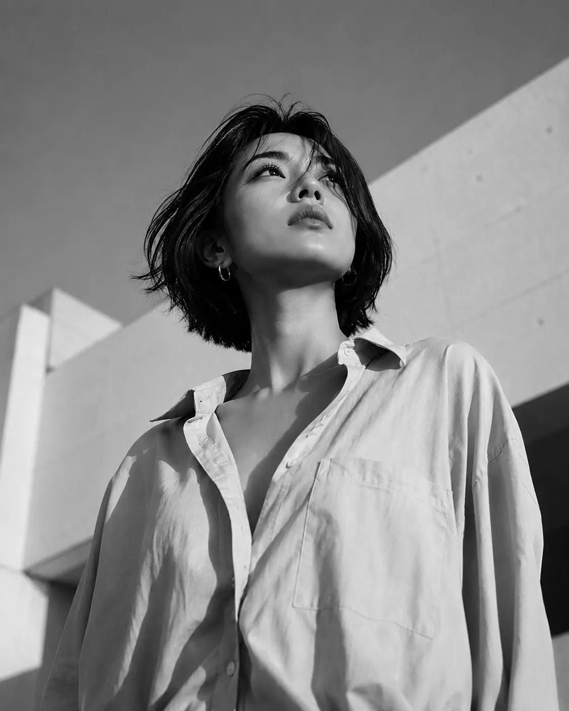 GoStudio.ai / Low-Angle Fashion Editorial Shot Example / AI Image Prompt / GoStudio.ai Low-Angle Fashion Editorial Shot — AI prompt example