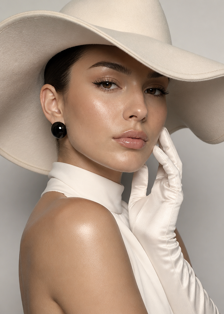 GoStudio.ai / Cream Hat Beauty Editorial Example / AI Image Prompt / GoStudio.ai Cream Hat Beauty Editorial — AI prompt example