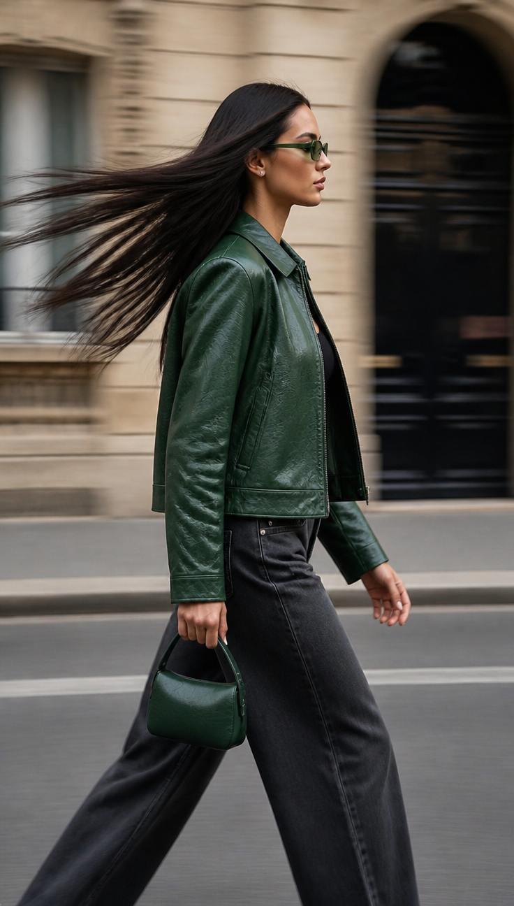 Green Leather Motion Blur Street — AI prompt example