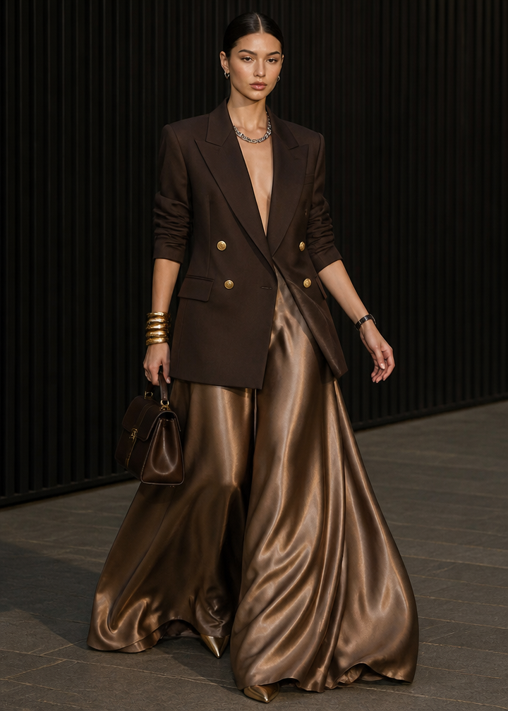 Bronze Satin Runway Editorial — AI prompt example