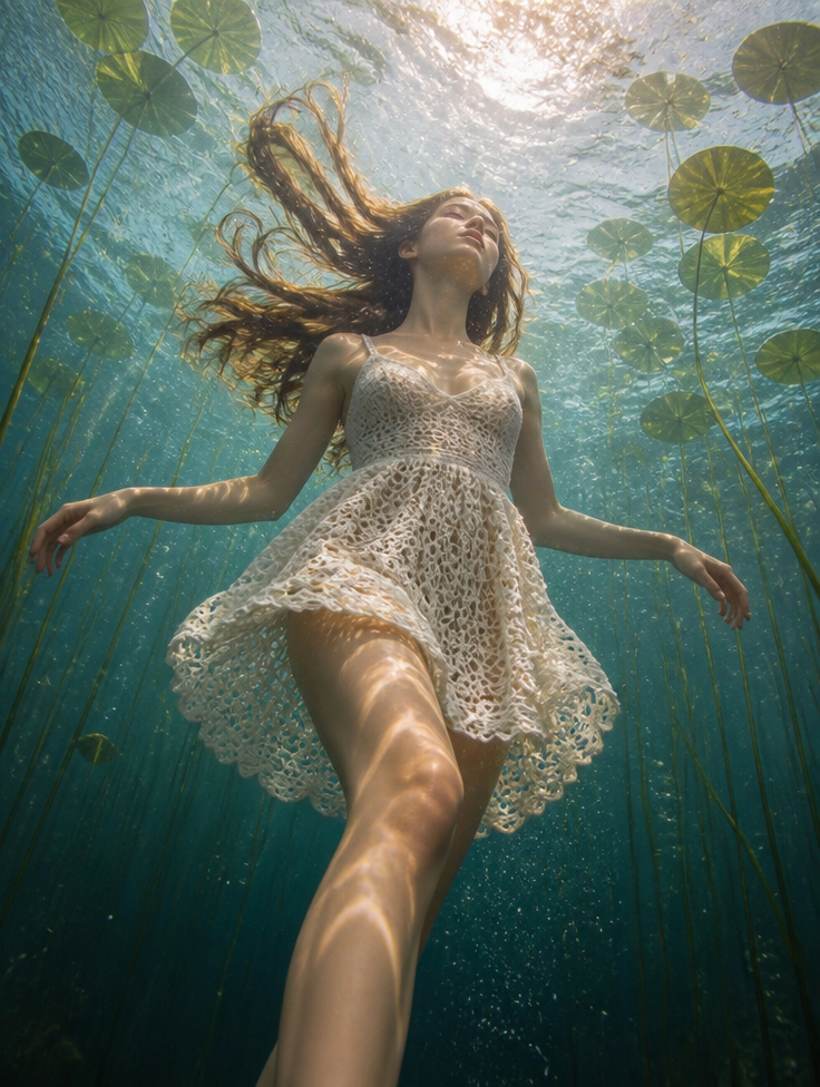 GoStudio.ai / Underwater Crochet Dress Portrait Example / AI Image Prompt / GoStudio.ai Underwater Crochet Dress Portrait — AI prompt example