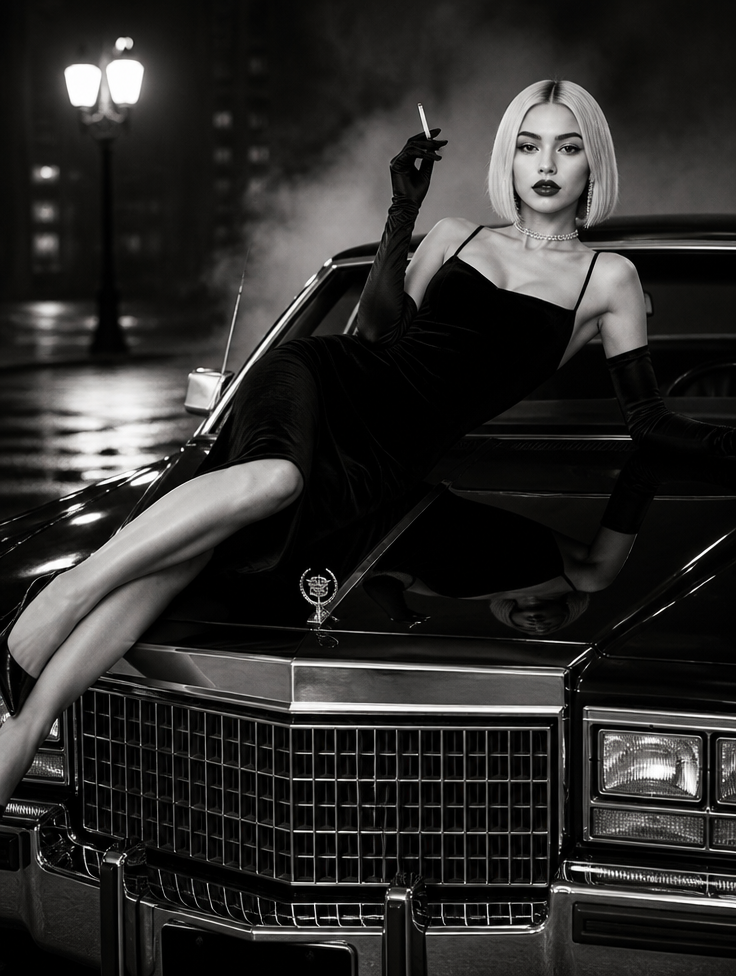 GoStudio.ai / Noir Sedan Fashion Editorial Example / AI Image Prompt / GoStudio.ai Noir Sedan Fashion Editorial — AI prompt example