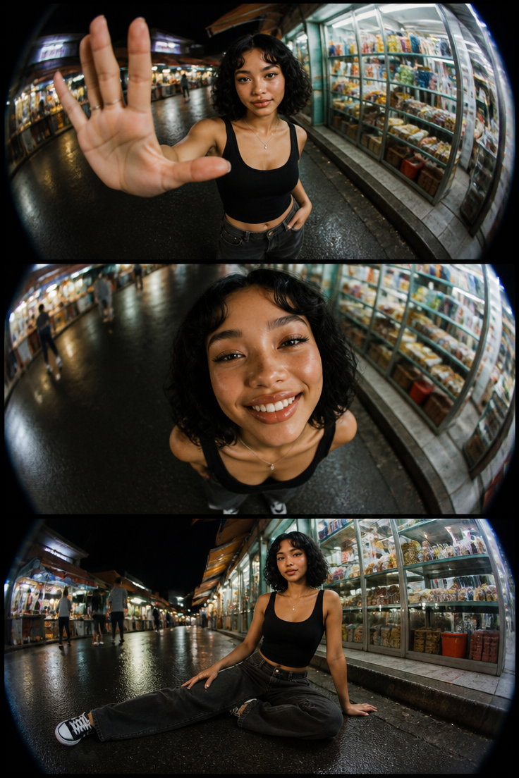 Three-Panel Fisheye Street Set — AI prompt example