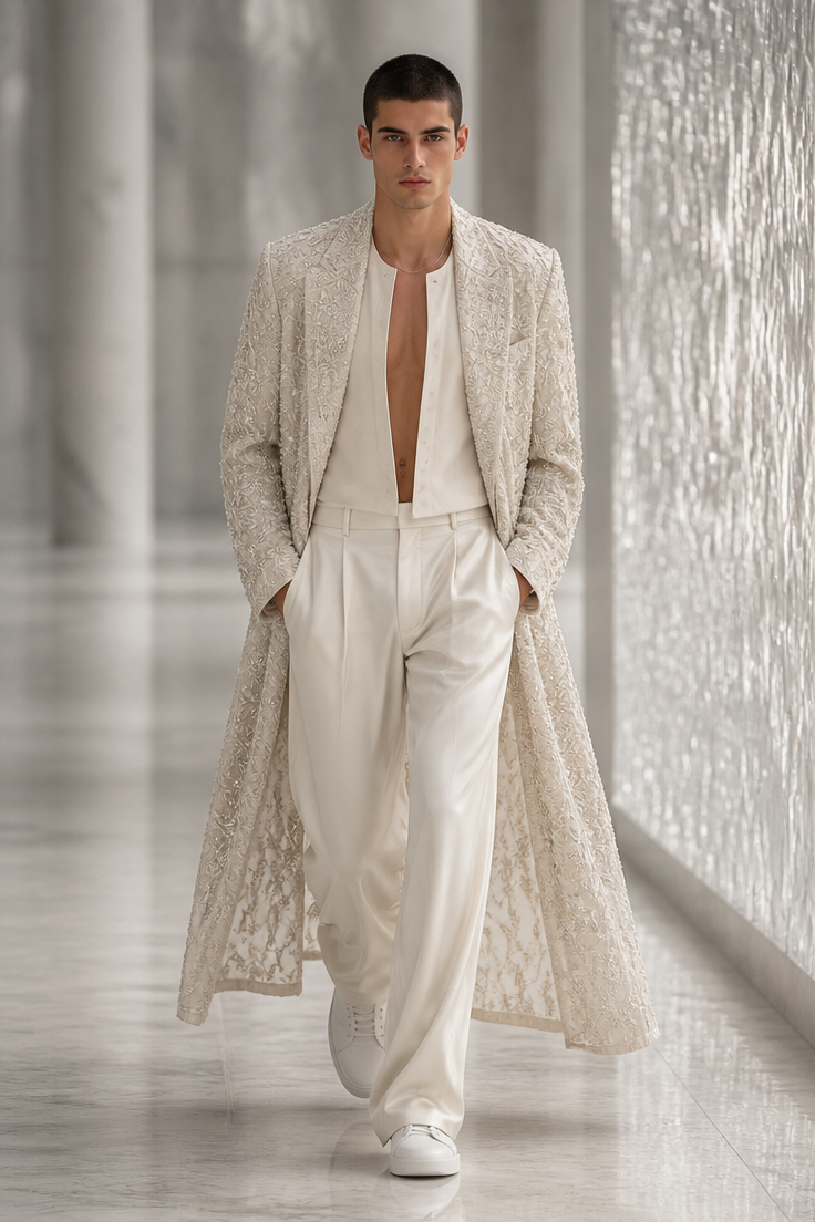 GoStudio.ai / Ivory Coat Runway Walk Example / AI Image Prompt / GoStudio.ai Ivory Coat Runway Walk — AI prompt example