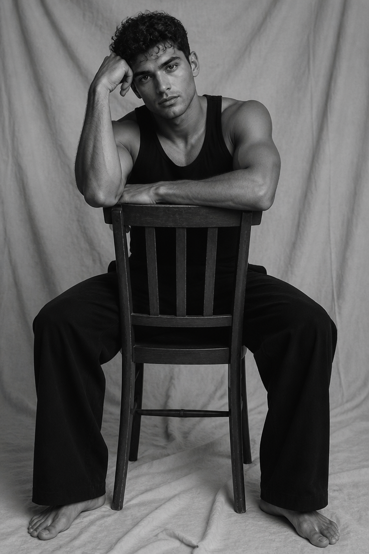 GoStudio.ai / Backwards Chair Studio Portrait Example / AI Image Prompt / GoStudio.ai Backwards Chair Studio Portrait — AI prompt example