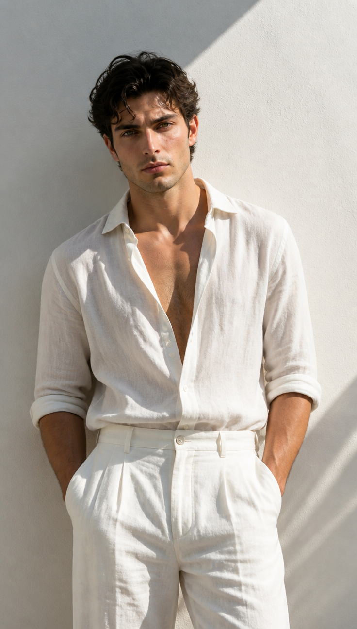White Linen Menswear Portrait — AI prompt example