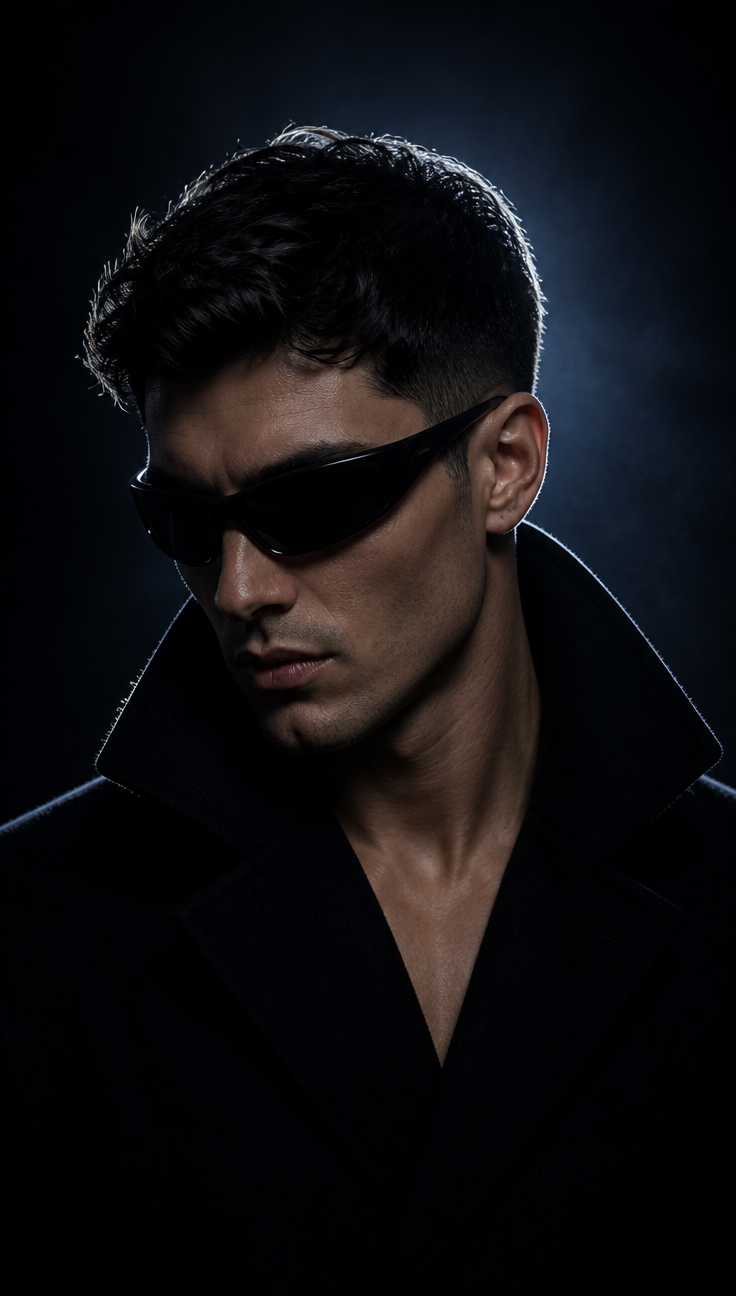 GoStudio.ai / Rim-Lit Eyewear Portrait Example / AI Image Prompt / GoStudio.ai Rim-Lit Eyewear Portrait — AI prompt example