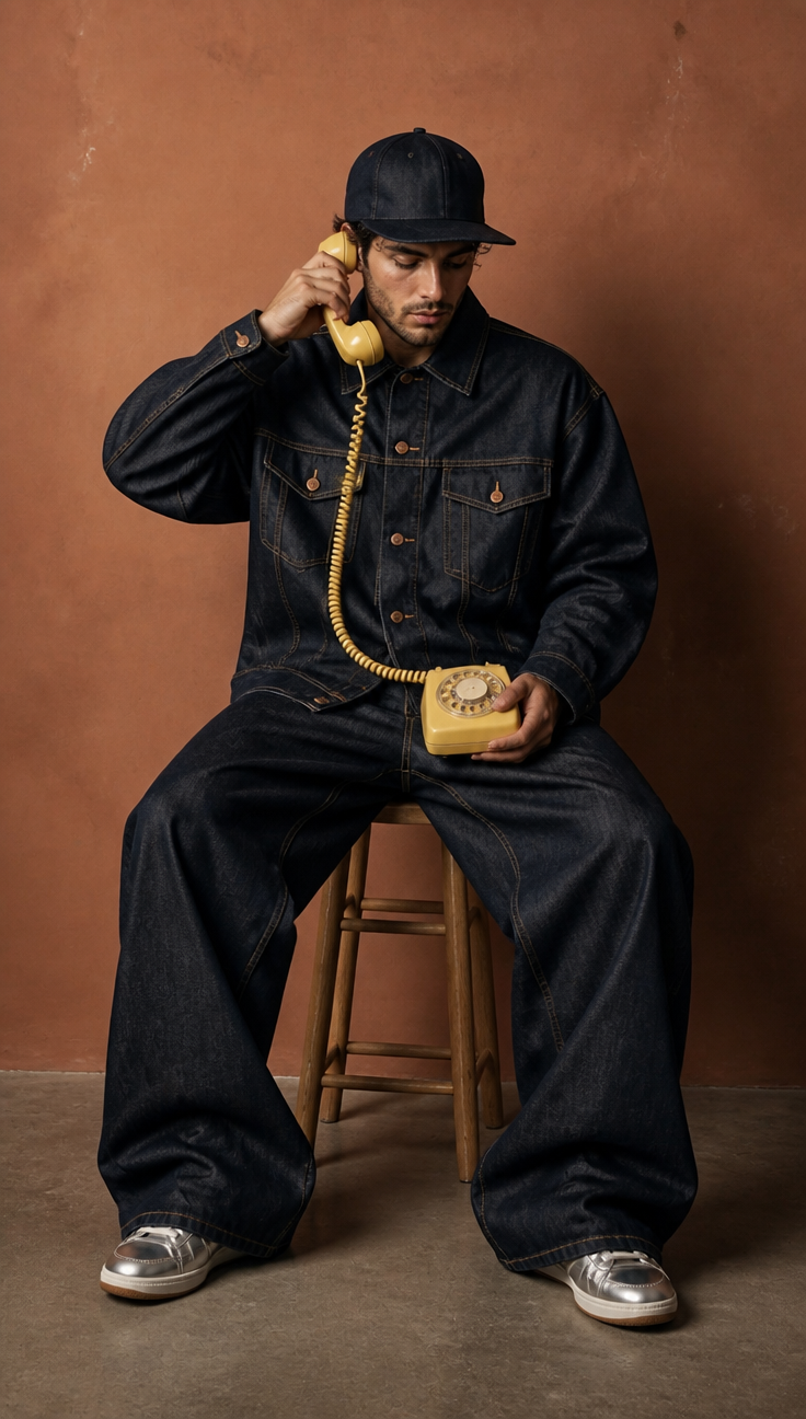Denim Editorial with Vintage Phone — AI prompt example