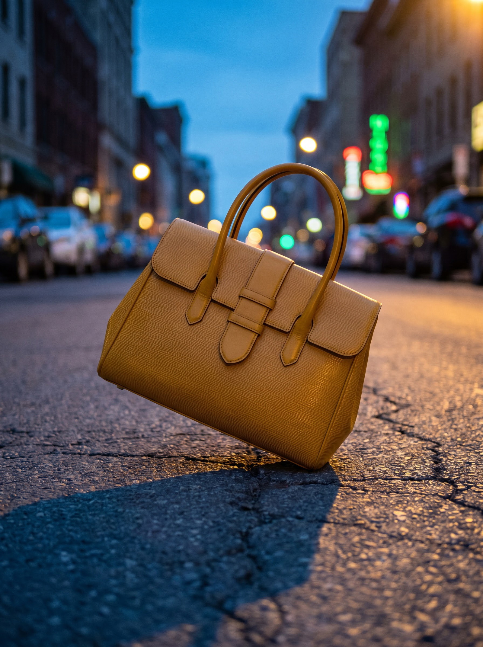 Mustard Leather Handbag Hero — AI prompt example