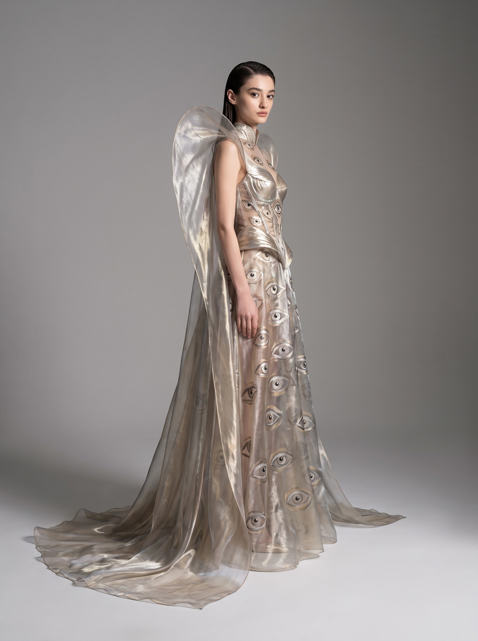 GoStudio.ai / Champagne Organza Couture Gown Example / AI Image Prompt / GoStudio.ai Champagne Organza Couture Gown — AI prompt example
