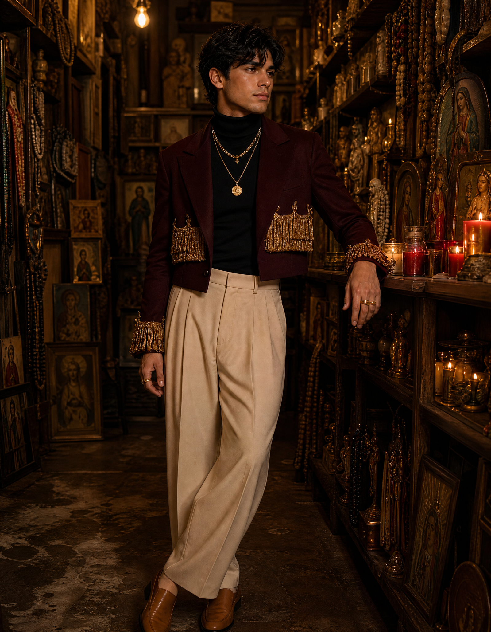 GoStudio.ai / Burgundy Bullion Jacket Portrait Example / AI Image Prompt / GoStudio.ai Burgundy Bullion Jacket Portrait — AI prompt example