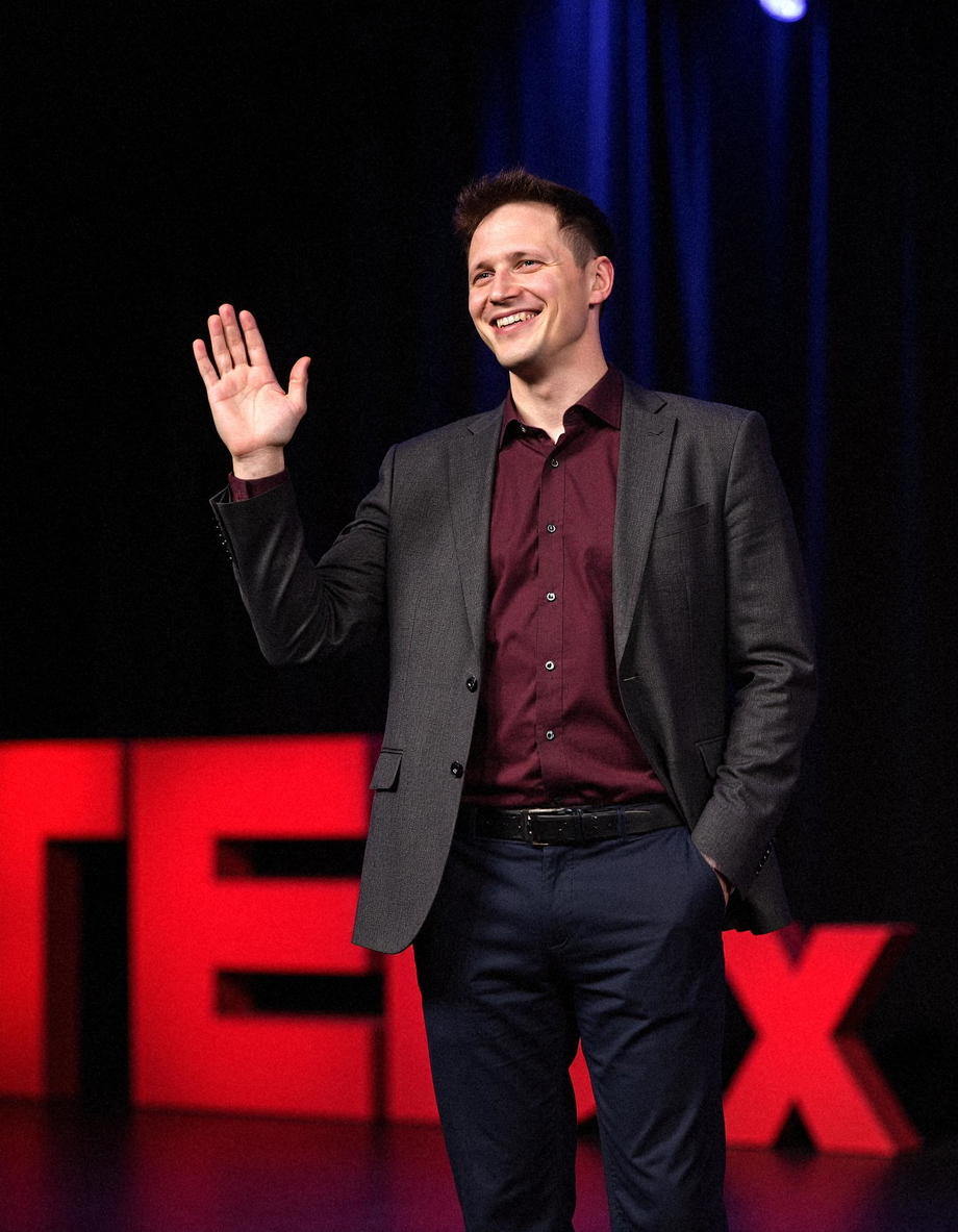 Same man rendered as a keynote speaker on a conference stage