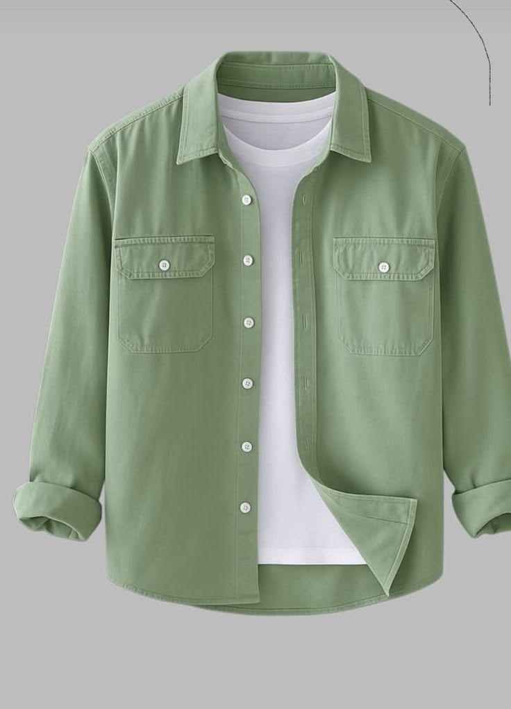 A sage green overshirt on a hanger — a garment photo for the AI clothes changer