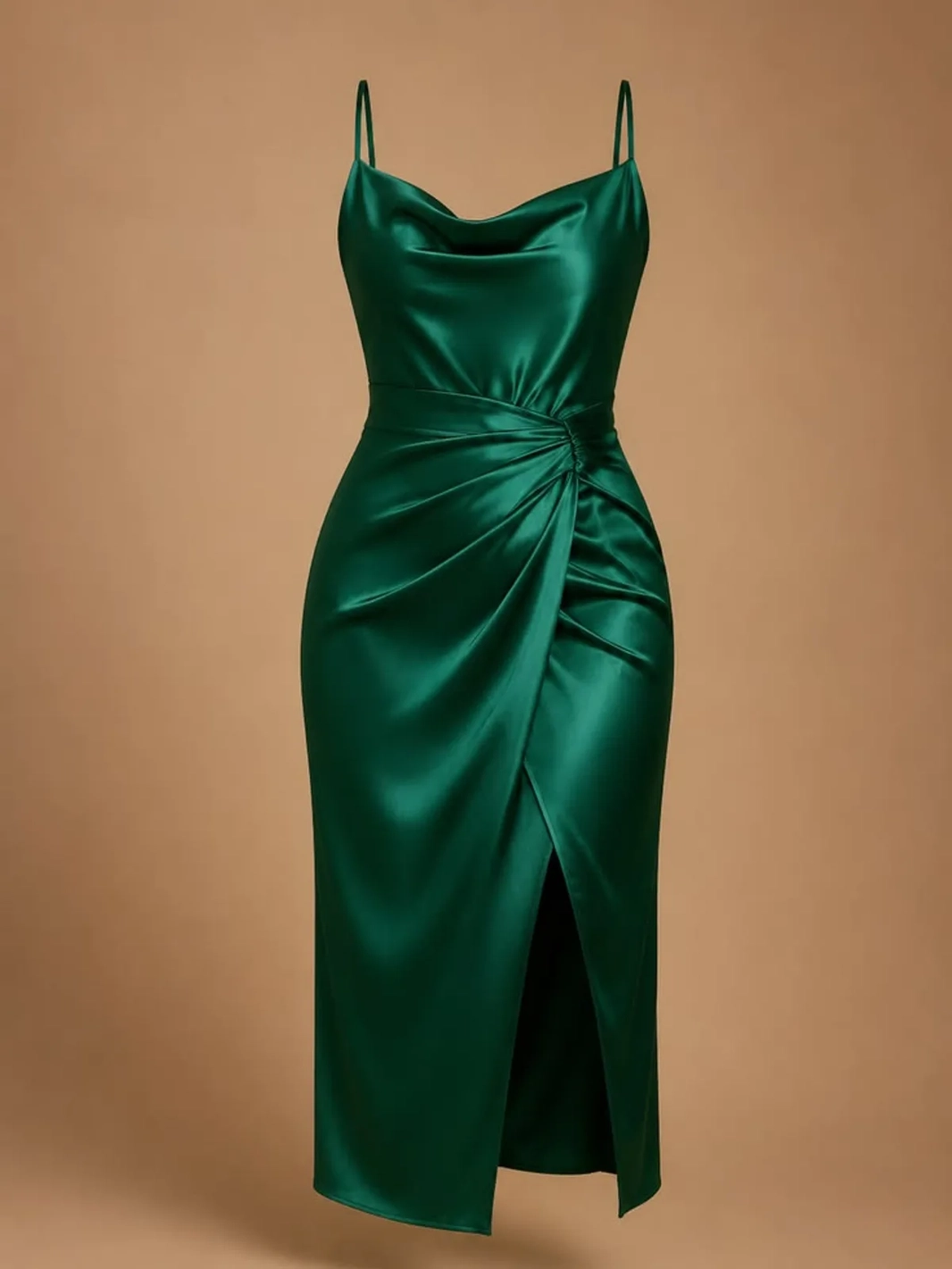 An emerald green satin wrap dress against a warm brown background — a garment photo for the AI clothes changer