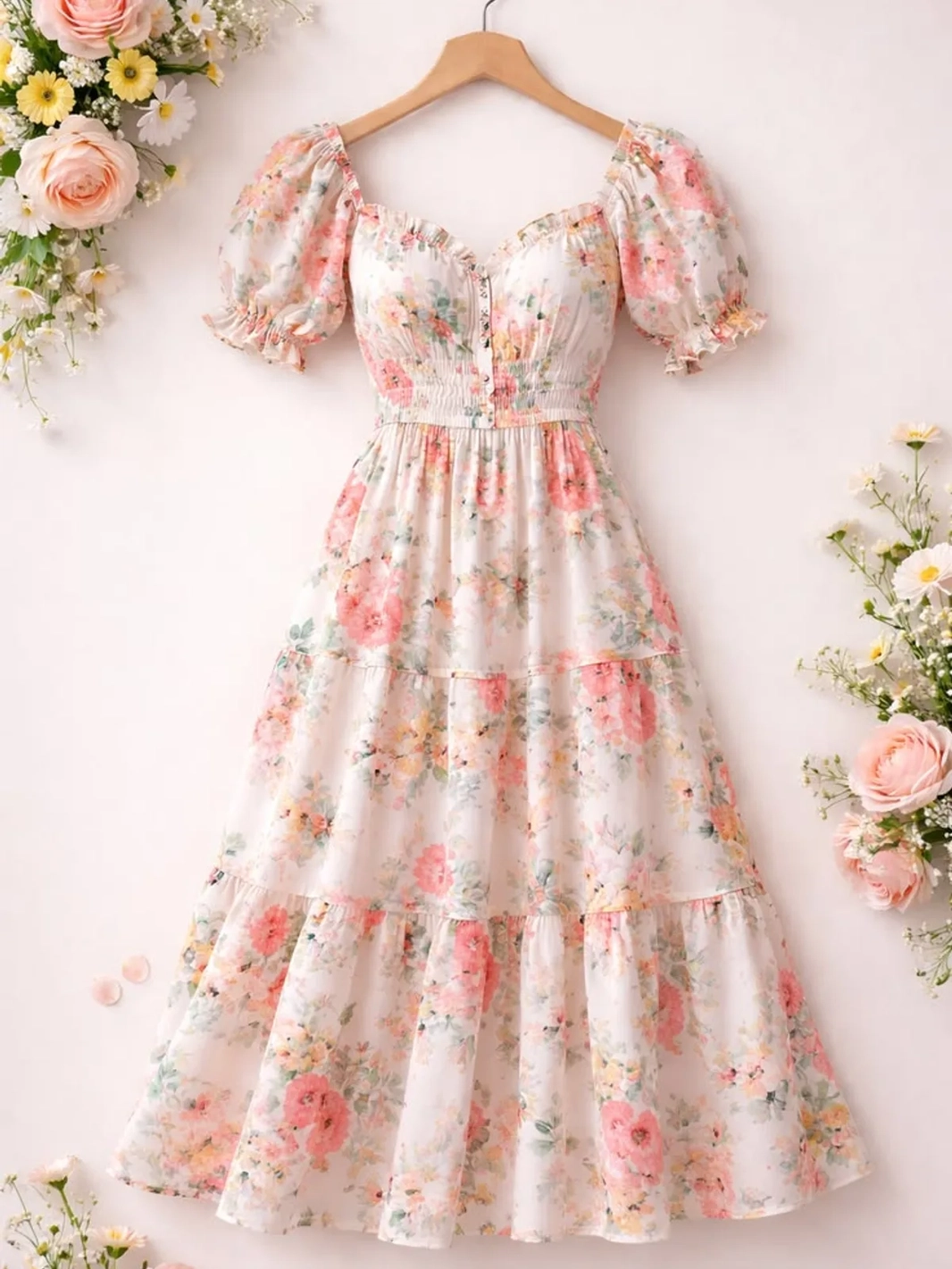 A pink and cream floral tiered dress on a wooden hanger — a garment photo for the AI clothes changer