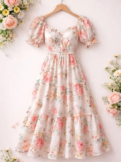 A pink and cream floral tiered dress on a wooden hanger — a garment photo for the AI clothes changer