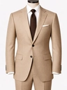 A tan suit with a white shirt and brown tie on a tailor’s mannequin — a garment photo for the AI clothes changer