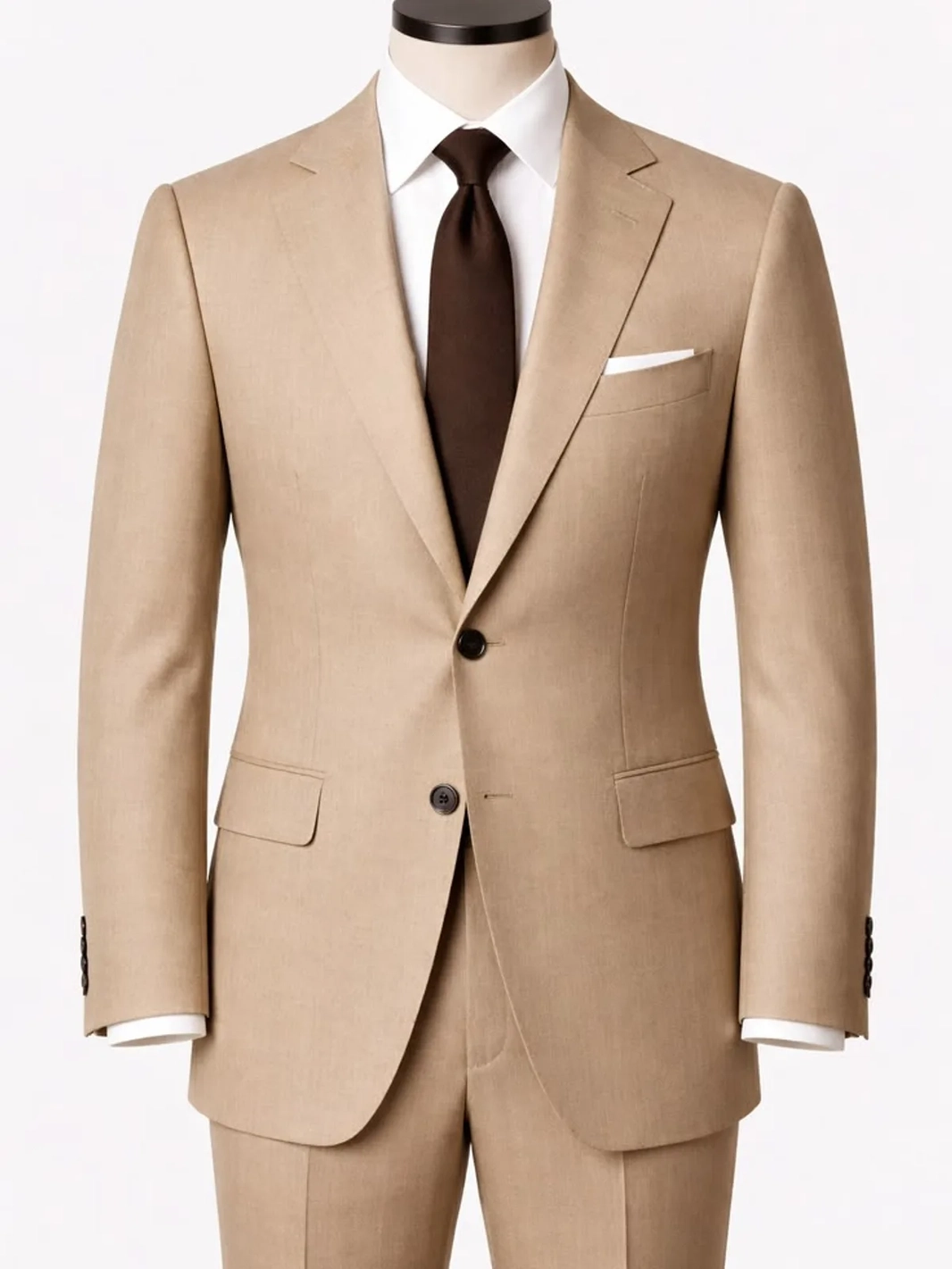 A tan suit with a white shirt and brown tie on a tailor’s mannequin — a garment photo for the AI clothes changer