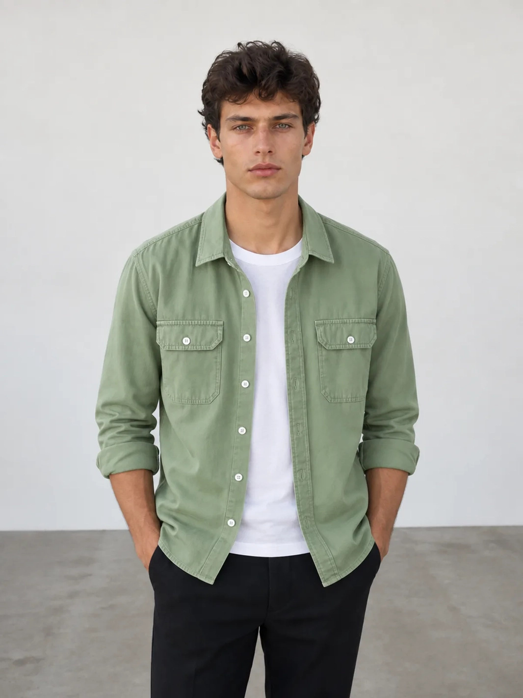 The same man against the same white wall, now wearing a sage green overshirt after the AI clothes changer