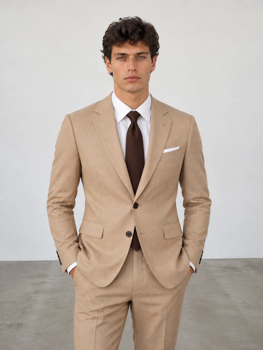 The same man against the same white wall, now wearing the tan suit and tie after the AI clothes changer
