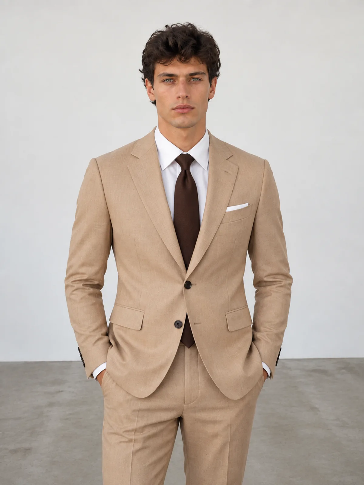 The same man against the same white wall, now wearing the tan suit and tie after the AI clothes changer