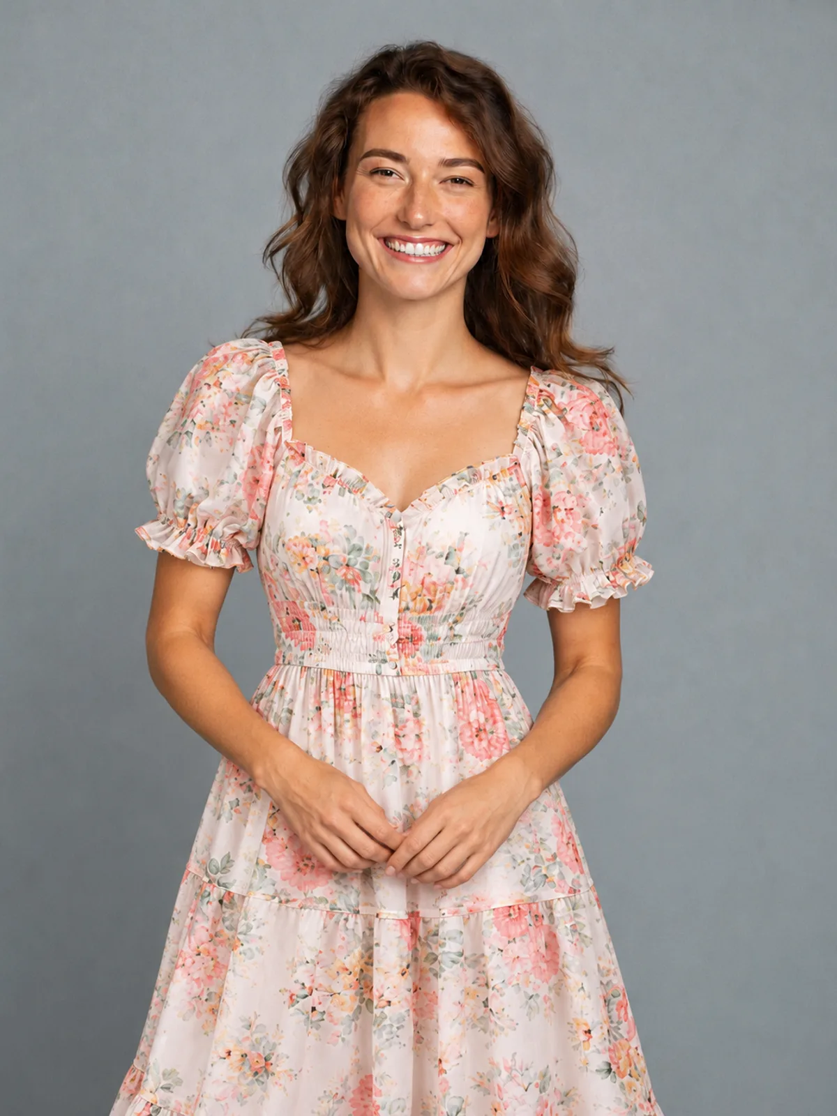 The same woman against the same grey wall, now wearing the pink floral tiered dress after the AI clothes changer
