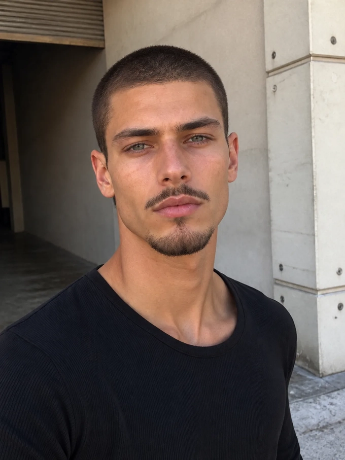 A man with short hair and a light goatee, with single hairs and skin showing between them. A man with short hair and a light goatee, with single hairs and skin showing between them.