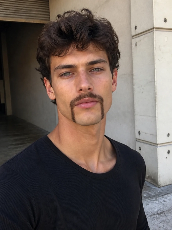 A man with a mustache and chin-strap beard by the same concrete wall and in the same black t-shirt he wore clean-shaven. A man with a mustache and chin-strap beard by the same concrete wall and in the same black t-shirt he wore clean-shaven.