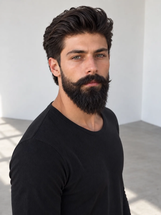 A man with a thick full beard in the same dark brown as his hair, against a white wall. A man with a thick full beard in the same dark brown as his hair, against a white wall.
