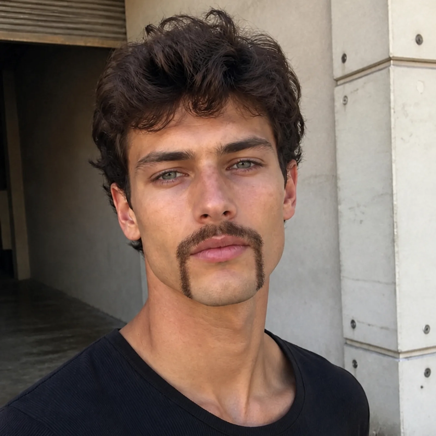 The same photo after the beard filter: a mustache and chin-strap beard in his own dark hair color, with his hair, t-shirt and the wall unchanged. The same photo after the beard filter: a mustache and chin-strap beard in his own dark hair color, with his hair, t-shirt and the wall unchanged.