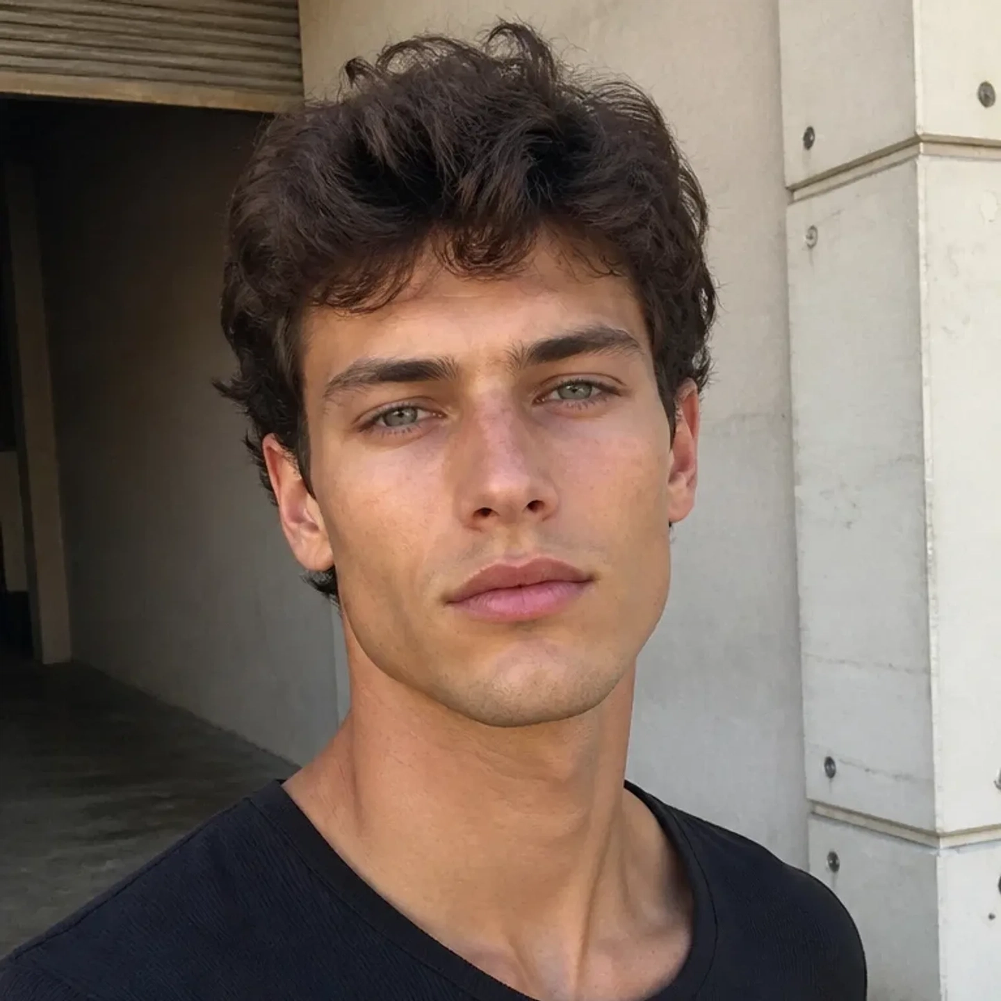 A clean-shaven man with dark curly hair in a black t-shirt by a concrete wall, before the beard filter. A clean-shaven man with dark curly hair in a black t-shirt by a concrete wall, before the beard filter.