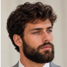 A man in a gray suit with a full beard, a sample photo for the no beard filter.