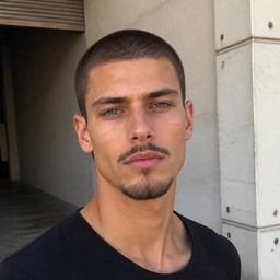 A man with short hair and a light goatee and moustache, a sample photo for the beard filter.