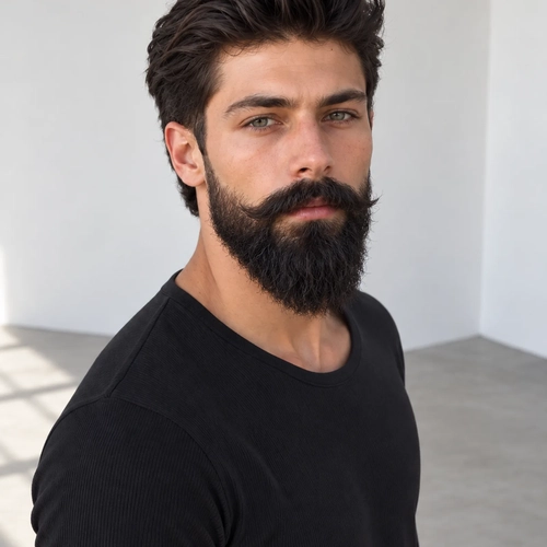 A man in a black t-shirt with a thick full beard in his own dark hair color, after the beard filter A man in a black t-shirt with a thick full beard in his own dark hair color, after the beard filter