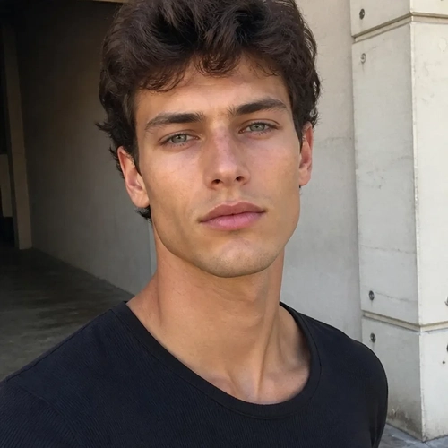 A clean-shaven man in a black t-shirt by a concrete wall, before the beard filter A clean-shaven man in a black t-shirt by a concrete wall, before the beard filter