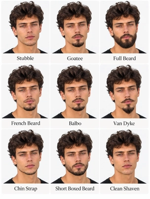 Nine labelled beard styles on the same man, from stubble and a goatee to a full beard and clean-shaven. Nine labelled beard styles on the same man, from stubble and a goatee to a full beard and clean-shaven.