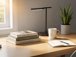 The same desk with a stack of three books where the laptop was, after AI image replacement