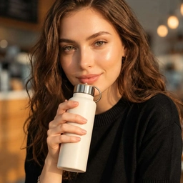 The same woman holding a white steel water bottle in the same grip, after AI image replacement