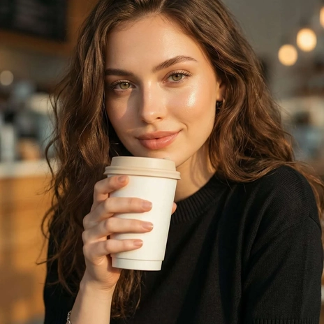 A person holding a paper coffee cup before AI image replacement A person holding a paper coffee cup before AI image replacement
