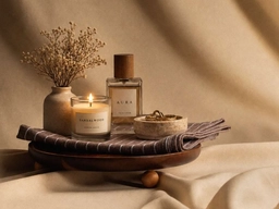 The same tray with a candle, perfume bottle, dish and dried flowers in place of the bottles, after AI image replacement