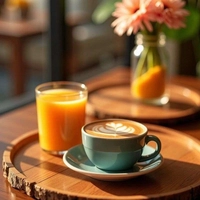 Sample café table photo with a glass of orange juice and a cappuccino to try in the AI image replacer