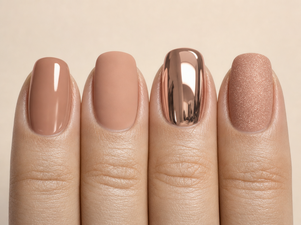 Four fingers side by side in the same nude shade, each in a different finish: glossy, matte, chrome and shimmer.