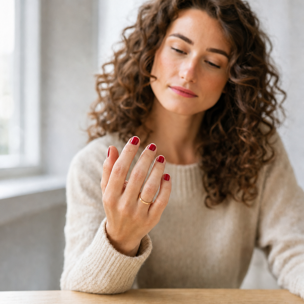 The same hand after the nail color changer, with glossy deep-red nails and her skin, cuticles and ring unchanged.