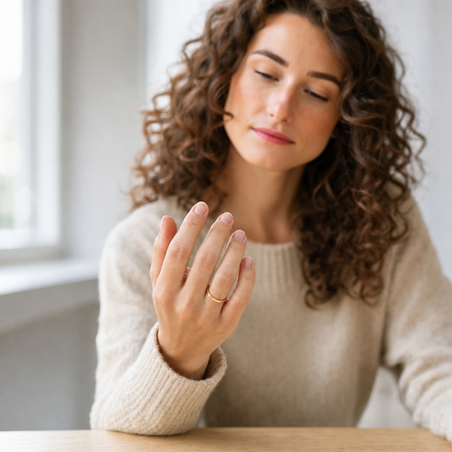 A woman holding up her hand with short bare nails, before the nail color change