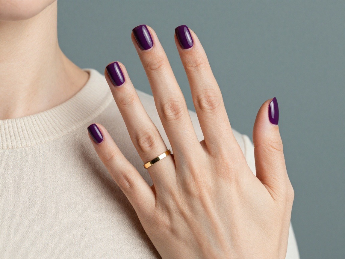 A hand resting against a cream knit sweater wearing a plain gold band, deep plum polish stopping in a clean arc at every cuticle while the knuckle creases, veins and the sharp edge of the ring are left untouched.