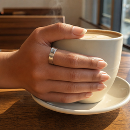 A hand around a coffee cup wearing a silver ring, a sample photo for the nail color changer.