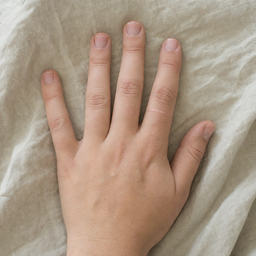 A hand with short bare nails resting on linen, a sample photo to try in the nail color changer.