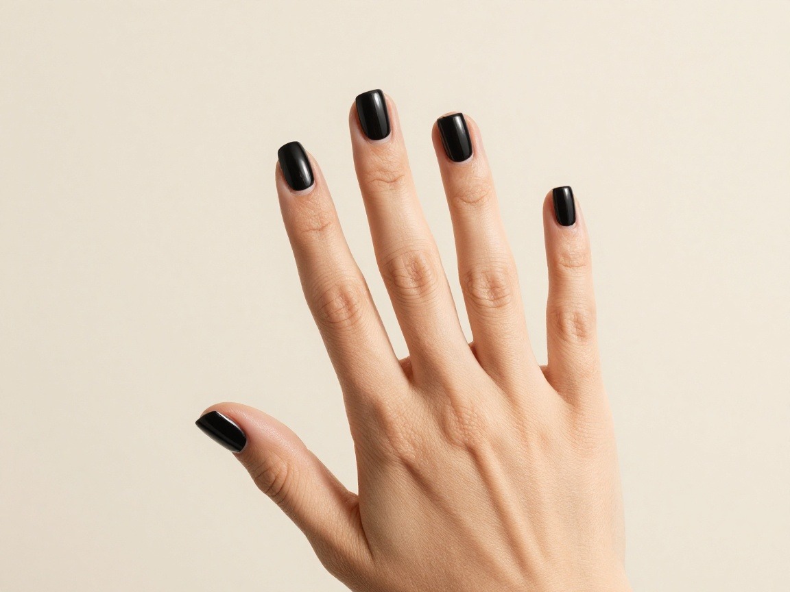 A hand raised against a cream backdrop with very short, square-cut nails in glossy black, the pad of every fingertip clearly visible beyond the end of its nail.