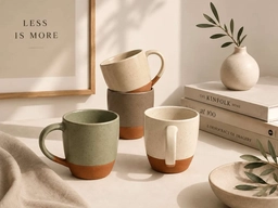 The same mugs glazed sage green, taupe and cream, with the clay bases and shadows unchanged